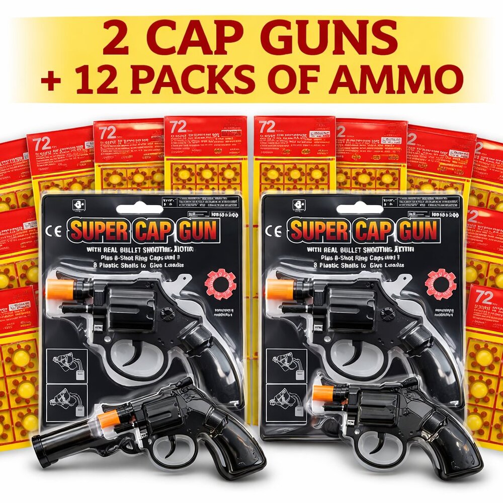 2 Cap Gun Revolvers w/ 864 Cap Refills – 12 Packs 72 Shots Each